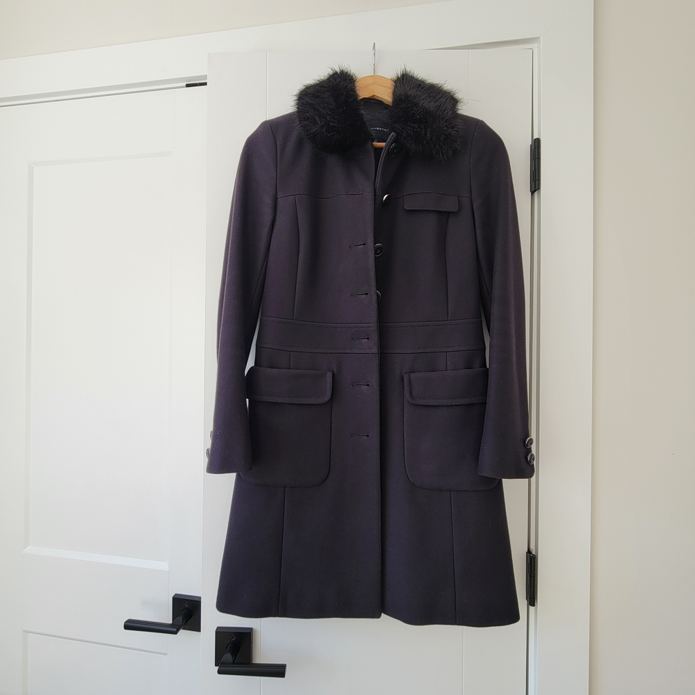 French Connection Dark Coat with Fur Collar
